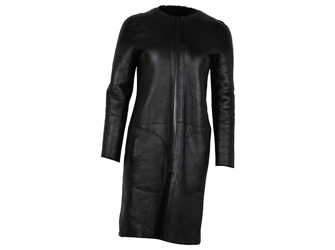 Céline Celine Collarless Coat in Black Lambskin Leather