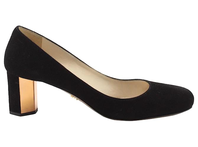 Zapatos de tacón metálicos con punta redonda Prada en ante negro Suecia  ref.1328576