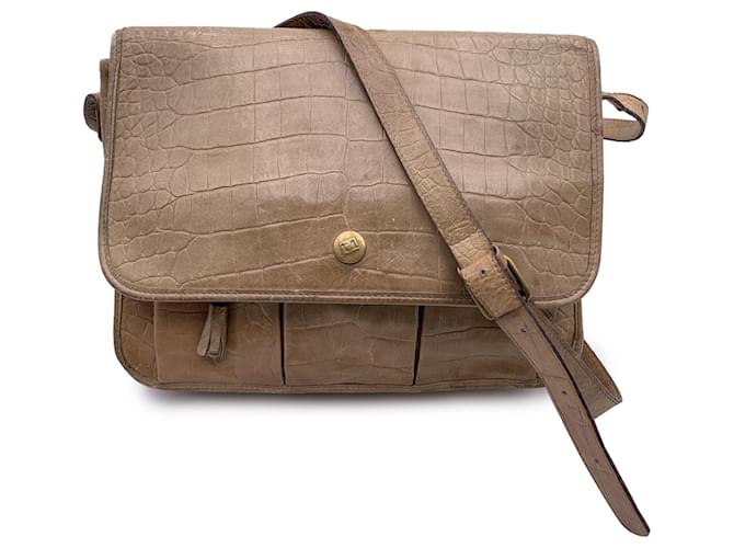 Fendi Vintage Beige Embossed Leather Messenger Shoulder Bag  ref.1328597
