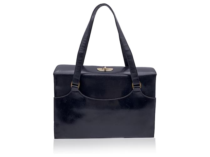 Gucci Vintage Black Leather Gussetted Handbag Top Handles Bag  ref.1328599