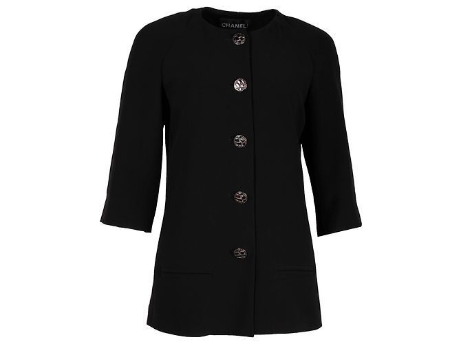 Timeless Chanel Collarless Evening Jacket in Black Silk