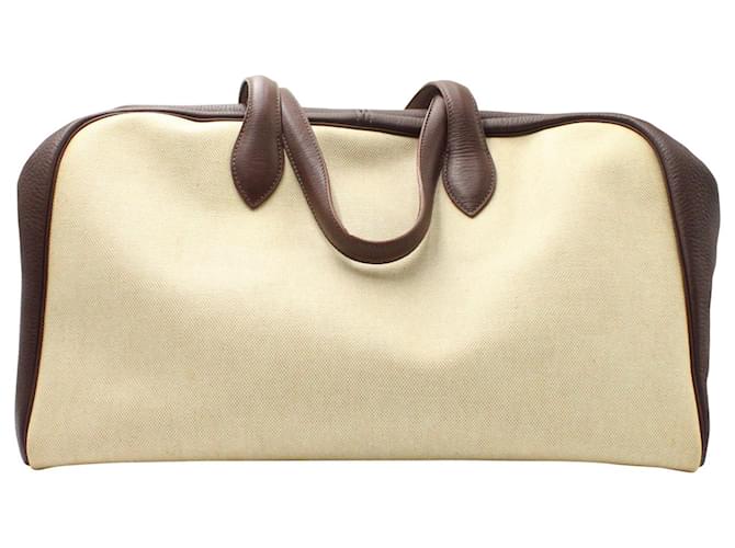 Hermès Victoria 43 Boston Bag in Cream Canvas and Brown Leather White Cloth  ref.1328736