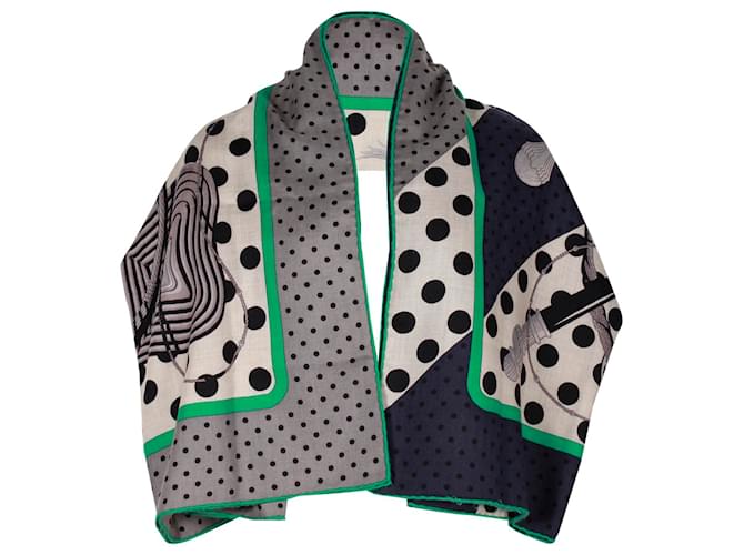 Hermès Hermes Clic-Clac a Pois Shawl 140 in Green and Grey Cashmere Wool  ref.1328737