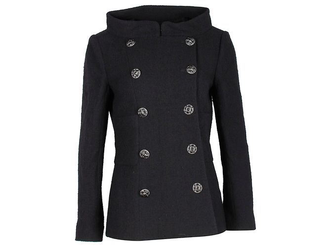 Timeless Cappotto Chanel con scollo a barca e petto foderato in lana nera Nero