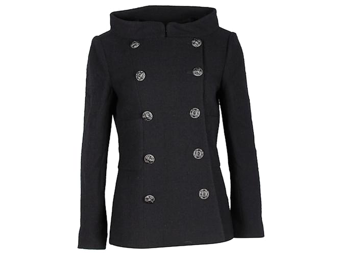 Classique Manteau à col bateau à boutonnage doublé Chanel en laine noire  ref.1328753