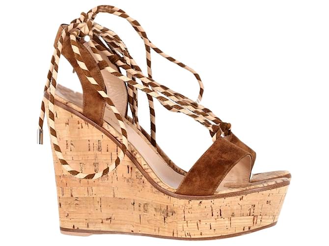 Gianvito Rossi Lace-Up Cork Wedge Sandals in Brown Suede  ref.1328759