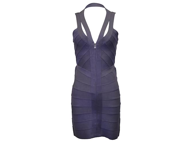 Herve Leger Front-Zip Bandage Dress in Navy Blue Rayon Cellulose fibre  ref.1328783