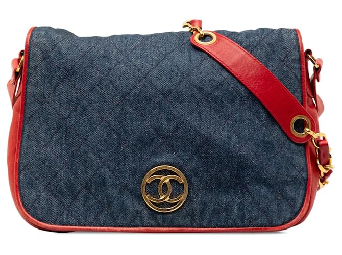 Chanel Blue CC Quilted Denim Flap Red Leather Pony-style calfskin Cloth  ref.1328847