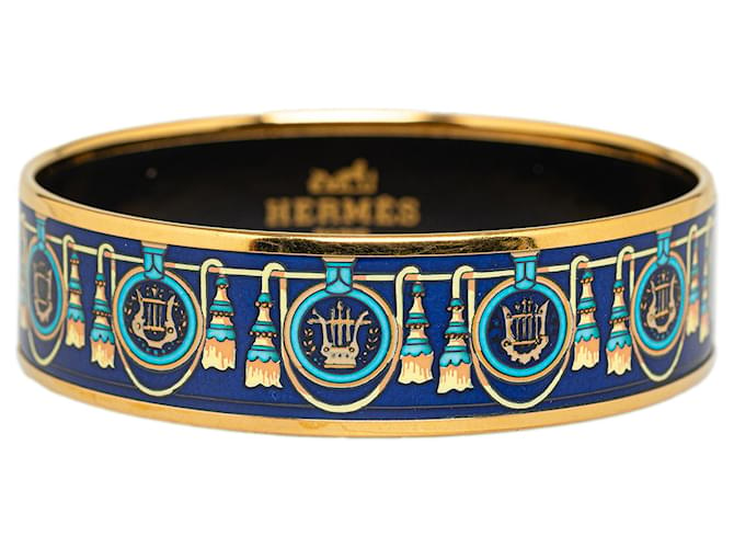 Hermès Bracelet large en émail bleu Hermes Métal Plaqué or Email Doré  ref.1328887