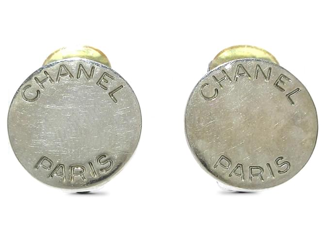 Chanel Silver Round Logo Clip On Earrings Silvery Metal  ref.1328939