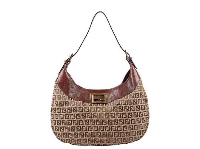 The Fendi Zucchino Canvas Leather Shoulder Bag in Beige (8BR552) Brown  ref.1329948