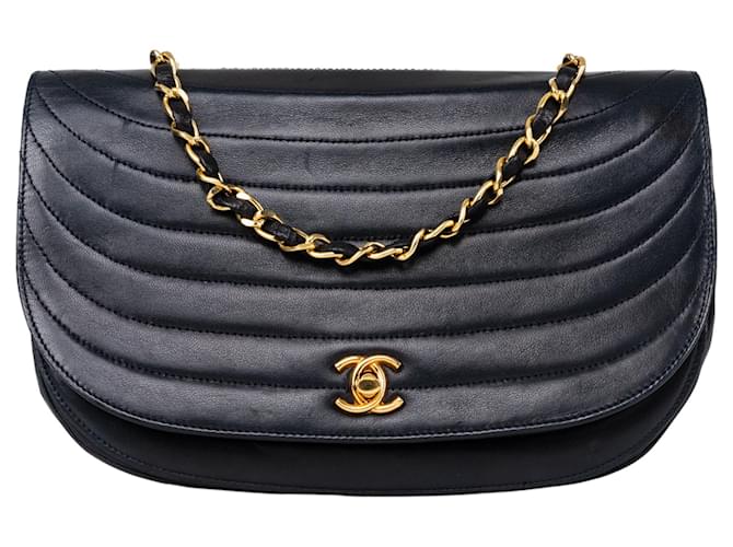 Chanel gestepptes Lammleder 24K Gold Single Flap Halfmoon Bag Blau Leinwand  ref.1329963