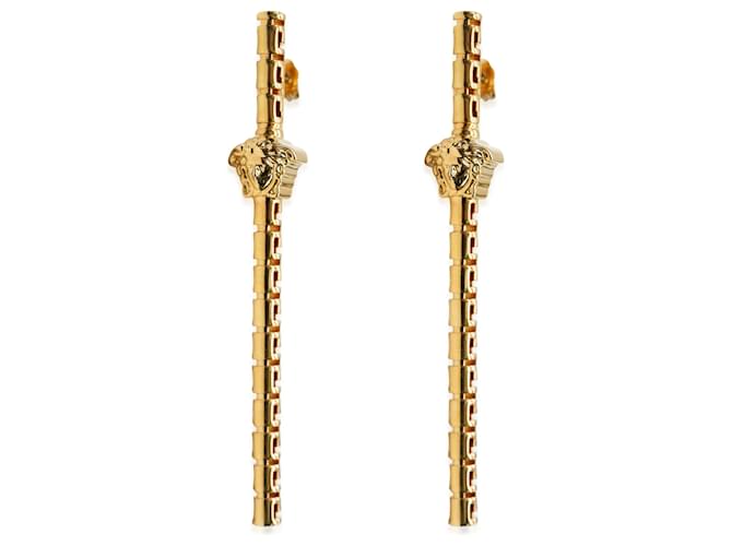 Versace La Medusa Greca Asymmetric Gold Tone Drop Earrings Metallic  ref.1330234