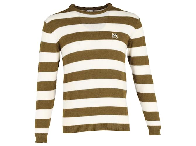 Loewe Logo-Embroidered Striped Sweater in Khaki Wool Green  ref.1330248