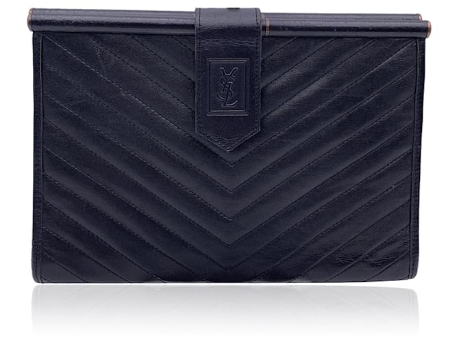 Yves Saint Laurent Vintage Black V Quilted Leather Clutch Bag Handbag  ref.1330277