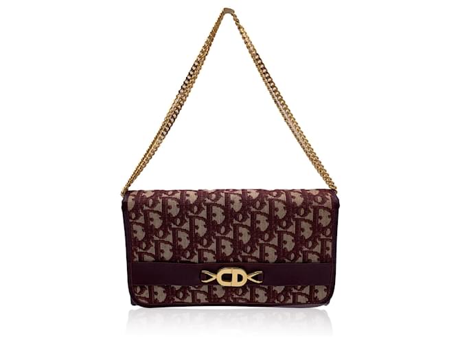 Christian Dior Vintage Burgundy Oblique Monogram Chain Shoulder Bag Dark red Cloth  ref.1330285
