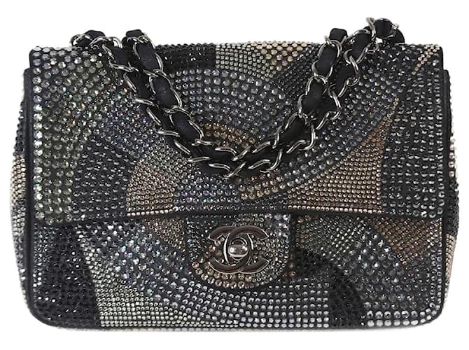 Chanel Black mini rectangle Swarvovski Crystals 2015 Classic single flap Leather  ref.1330350