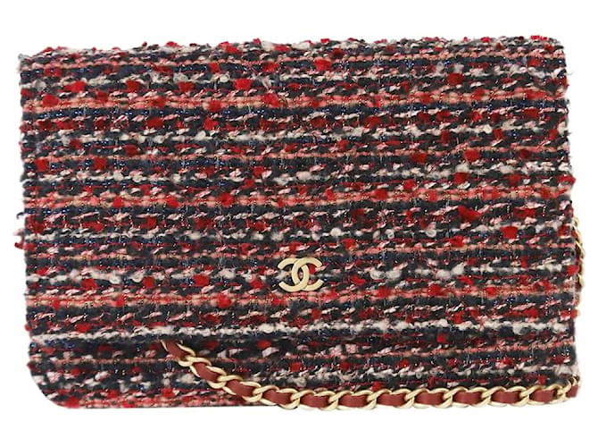 Wallet On Chain Chanel Tweed vermelho 2018 Carteira na corrente Couro  ref.1330351