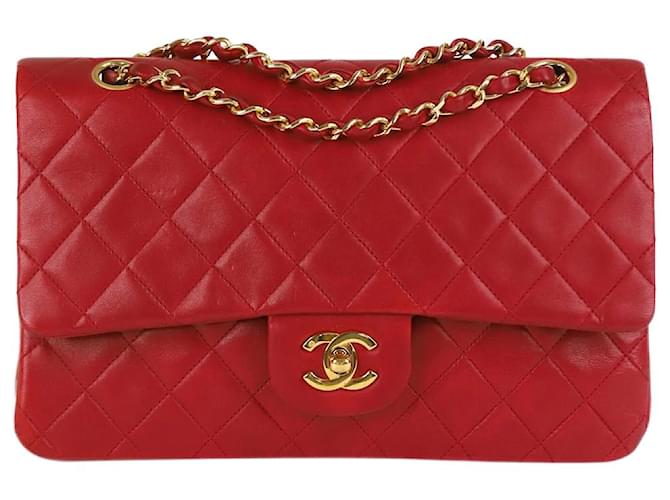 Chanel Rotes mittleres Lammfell Vintage 1989-1991 klassische gefütterte Klappe Leder  ref.1330365