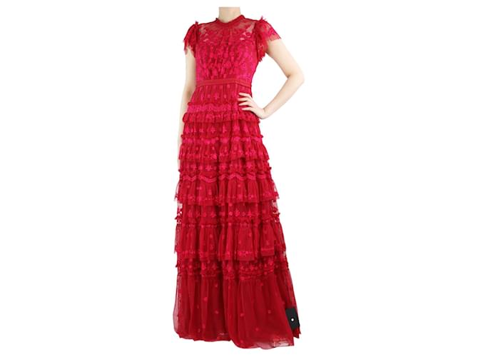 Needle & Thread Red floral-embroidered mesh tiered maxi dress - size UK 10 Nylon  ref.1330367