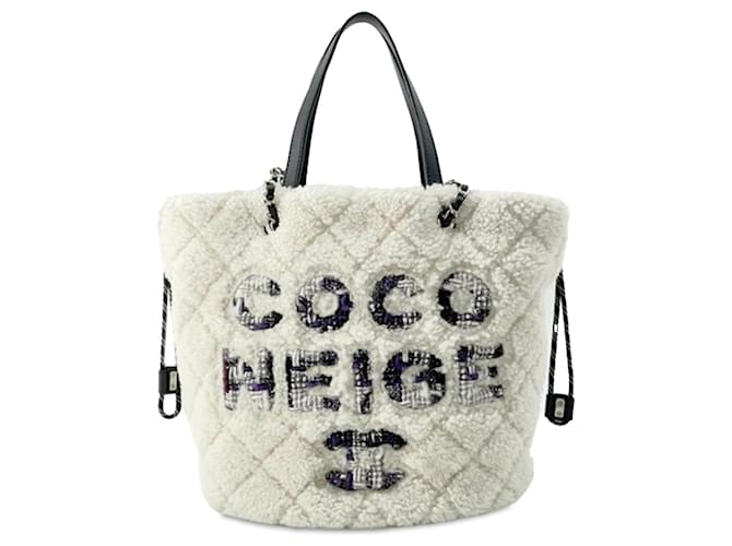 Chanel White Shearling Coco Neige Tote Black Leather Fur Pony-style calfskin  ref.1330394