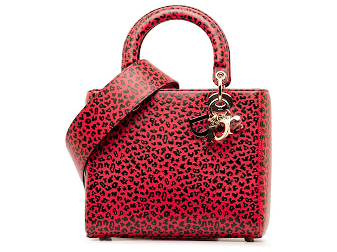 Dior Red Medium Leather Leopard Print Lady Dior Pony-style calfskin  ref.1330474