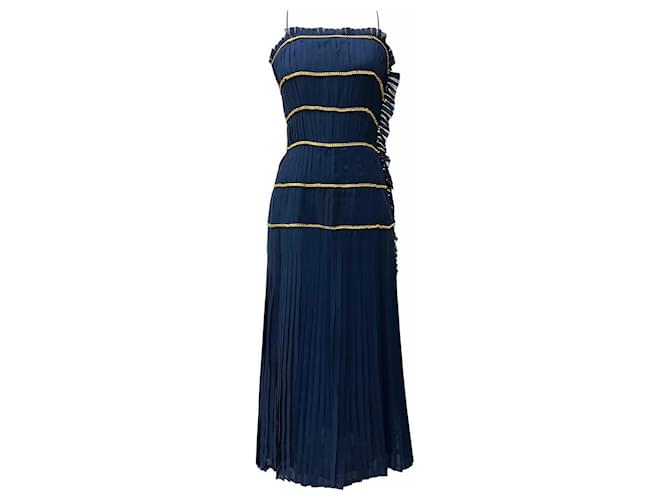 Chanel Raro abito lungo con catena da collezione del 1988 Blu navy Seta  ref.1330505