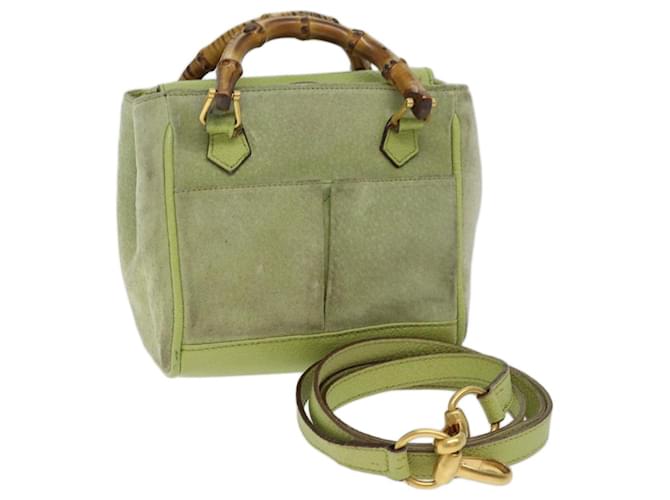GUCCI Bamboo Hand Bag Suede 2way LIme Green 007 2214 0238 Auth ki4306  ref.1330691