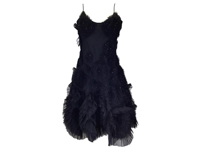 Autre Marque Jenny Packham Catwalk Black Crystal Embellished Rosette Detail Sleeveless Mesh Tulle Dress Polyester  ref.1331508