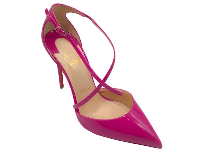 Autre Marque Christian Louboutin Fuchsia Pointed Toe Patent Leather Cross Strap Pumps Pink  ref.1331521