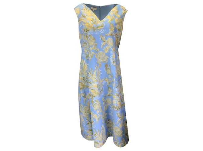 Autre Marque Lafayette 148 New York Blue / Gold Floral Printed Sleeveless V-Neck Flared Dress Viscose  ref.1331522