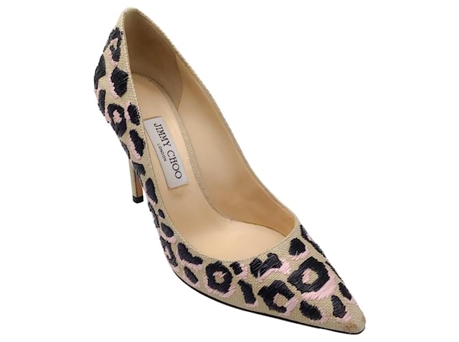 Autre Marque Jimmy Choo Natural / pink / Black Romy 100 Leopard Motif Pointed Toe Woven Raffia Pumps Multiple colors Pony-style calfskin  ref.1331525