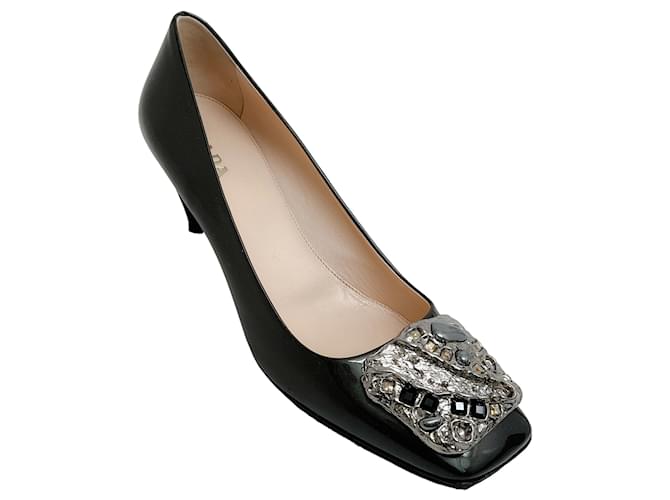 Autre Marque Prada Pumps aus dunkelolivgrünem Lackleder mit Verzierung  ref.1331535