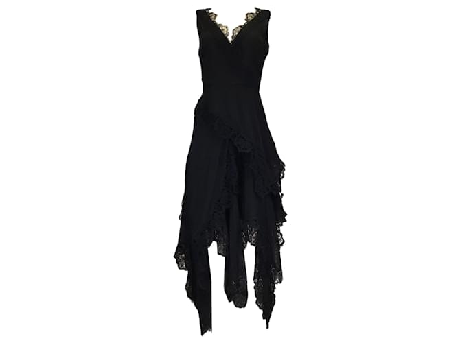 Autre Marque Oscar de la Renta Black Lace Trimmed Asymmetric Hem Sleeveless Silk Midi Dress  ref.1331549
