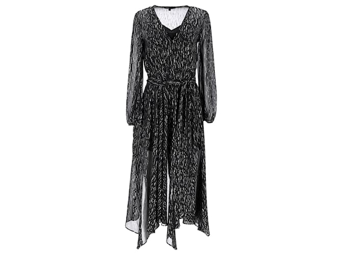 Maje Route Gathered Metallic Georgette Midi Dress In Black Polyester  ref.1332024
