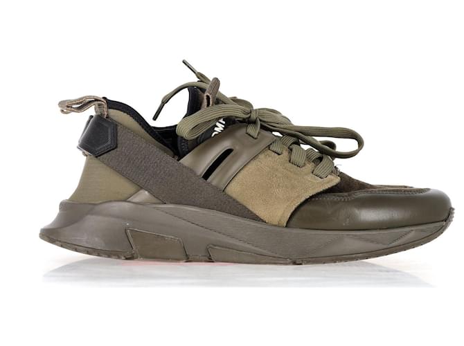 Tom Ford Jago Sneakers in Olive Leather and Suede Green  ref.1332057