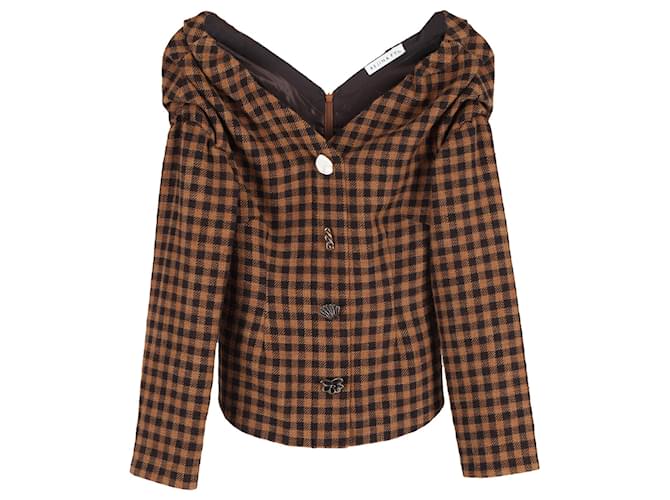 Rejina Pyo Checked V-neck Blouse in Brown Wool   ref.1332061