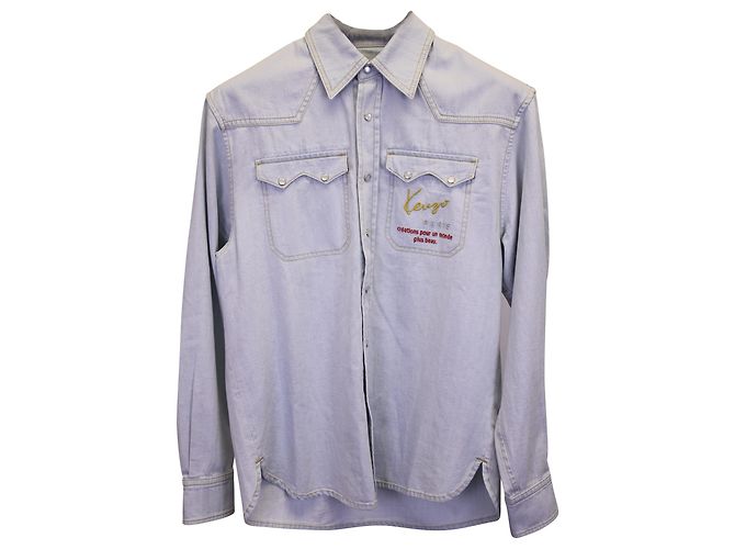 Camicia in denim con ricamo logo Kenzo in cotone azzurro Blu Blu chiaro