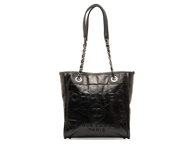 Chanel Deauville PM Chain Tote Bag Leather Black in Very Good Condition  ref.1332273