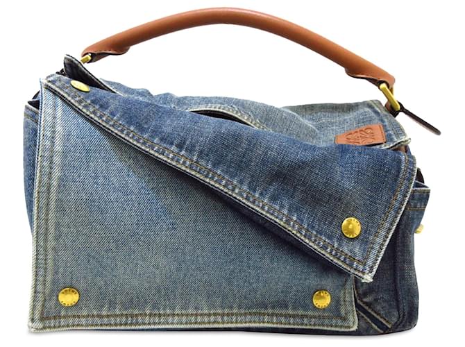 LOEWE Blue Medium Leather and Denim Puzzle Bag Cloth  ref.1332774