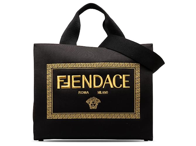 Fendi Black Versace Fendace Logo Canvas Shopping Tote Cloth Cloth  ref.1332780