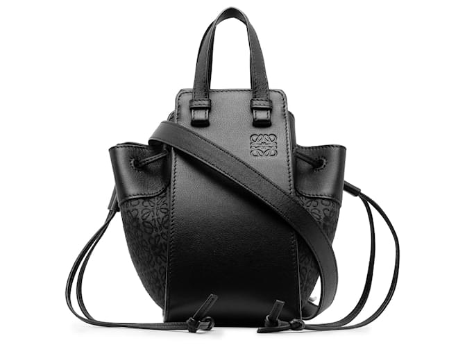 LOEWE Black Mini Anagram Hammock Drawstring Bag Dark brown Leather Cloth  ref.1332784