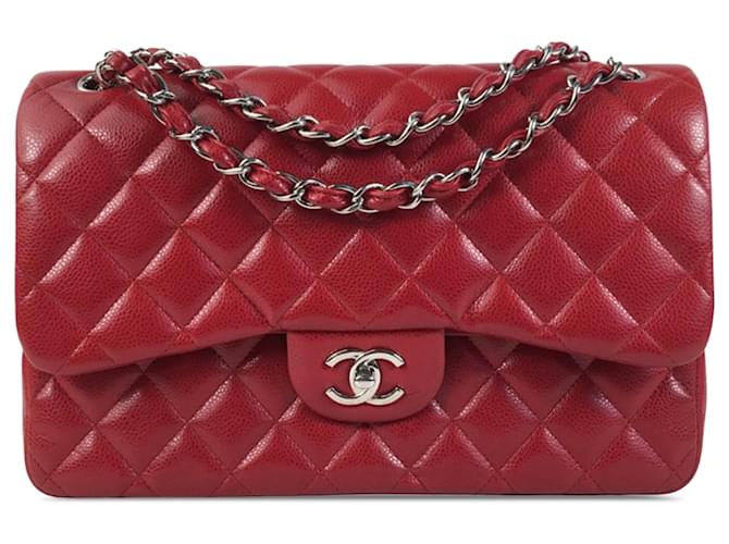 Chanel Red Jumbo Classic Caviar Double Flap Leather  ref.1332791