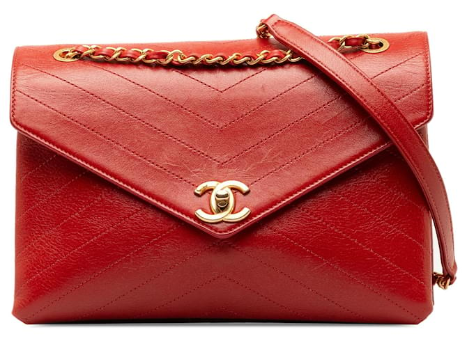 Chanel Red Medium CC Chevron Lambskin Envelope Flap Leather  ref.1332797