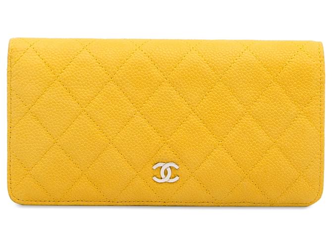 Chanel Yellow CC Quilted Caviar Long Wallet Leather  ref.1332824