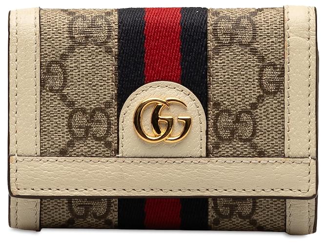 Gucci Brown GG Supreme Ophidia Small Wallet White Beige Leather Cloth Pony-style calfskin Cloth  ref.1332851