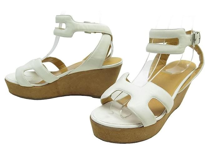 Hermès HERMES SHOES H PATTERN WEDGE SANDALS 37.5 WHITE LEATHER SHOES  ref.1332868