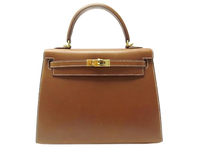 Hermès Kelly handbag 25 BARENIA GOLD LEATHER SADDLER & WHITE STITCHING BAG Camel  ref.1332920