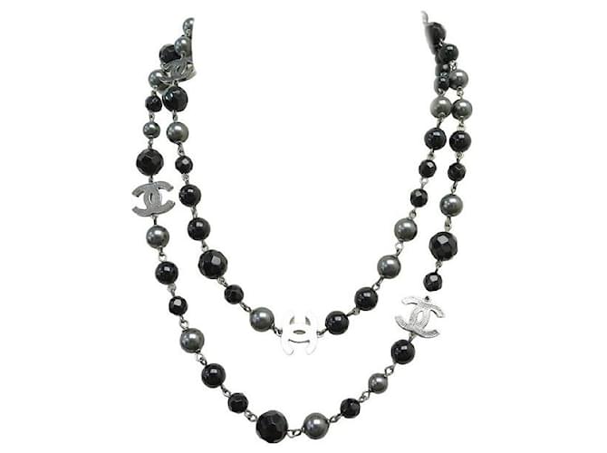 CHANEL PEARLS AND CC LOGO NECKLACE NECKLACE 120 CM BLACK METAL STEEL NECKLACE  ref.1332935