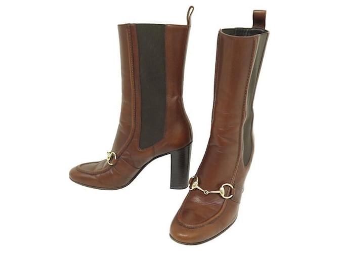 GUCCI SHOES MORS ANKLE BOOTS 163415 36.5 BROWN LEATHER BOX HORSEBIT BOOTS  ref.1332937
